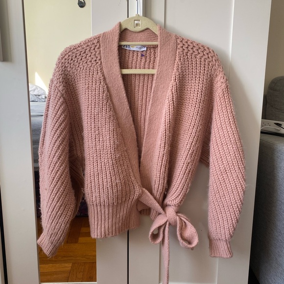 Zara blush pink chunky knit belted wrap cardigan with balloon sleeves - Small - Picture 2 of 8